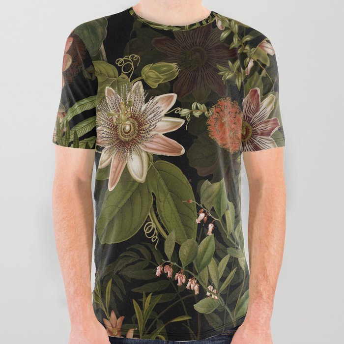 Midnight Summer Sepia Exotic Passiflora Flowers Garden All Over Graphic Tee