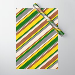 [ Thumbnail: Eye-catching Gray, Beige, Sienna, Yellow, and Dark Green Colored Lines/Stripes Pattern Wrapping Paper ]