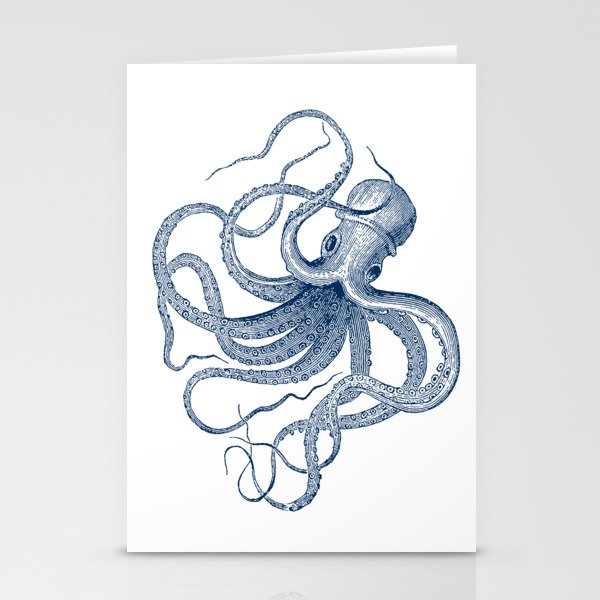 Blue nautical vintage octopus illustration Stationery Cards