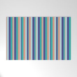 [ Thumbnail: Light Sea Green, Dark Slate Blue, Powder Blue, and Dark Salmon Colored Striped Pattern Welcome Mat ]