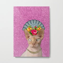LA FARAONA Metal Print | Elegantstylish, Sphynxcat, Egyptiankitten, Kitschycat, Popart, Animalpets, Spanishstyle, Collage, Pinkglitter, Vintageflowers 