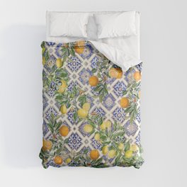 Sicilian Citrus, Mediterranean tiles & vintage lemons & orange fruit pattern Comforter