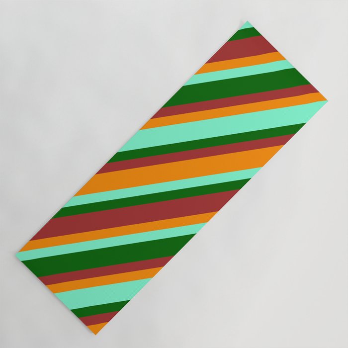 Aquamarine, Dark Green, Brown & Dark Orange Colored Pattern of Stripes Yoga Mat