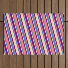 [ Thumbnail: Blue, Tan, Purple & Light Coral Colored Pattern of Stripes Outdoor Rug ]
