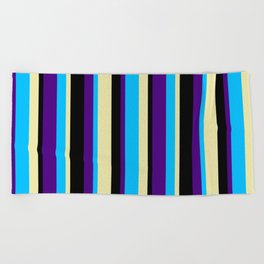 [ Thumbnail: Deep Sky Blue, Indigo, Black, and Pale Goldenrod Colored Pattern of Stripes Beach Towel ]