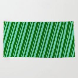 [ Thumbnail: Aquamarine and Dark Green Colored Pattern of Stripes Beach Towel ]