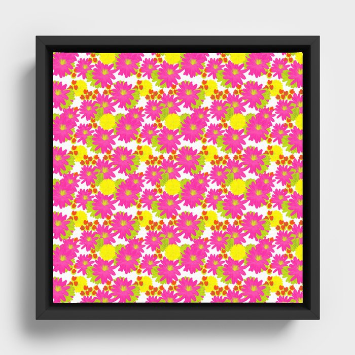 Retro Modern Tropical Flowers in Hot Pink And Yellow Framed Canvas