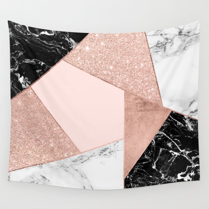 Modern Rose Gold Glitter Black White Marble Geometric Color Block Wall Tapestry By Girly Trend Audrey Chenal Society6 - Black White Pink Wall Tapestry
