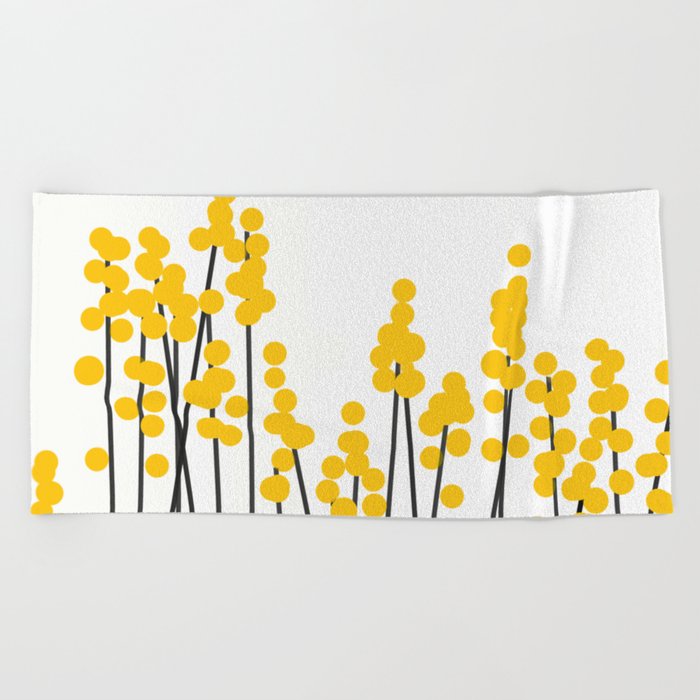 Hello Spring! Yellow/Black Retro Plants on White #decor #society6 #buyart Beach Towel