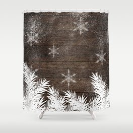 Winter white snow pine trees brown rustic wood Christmas Shower Curtain
