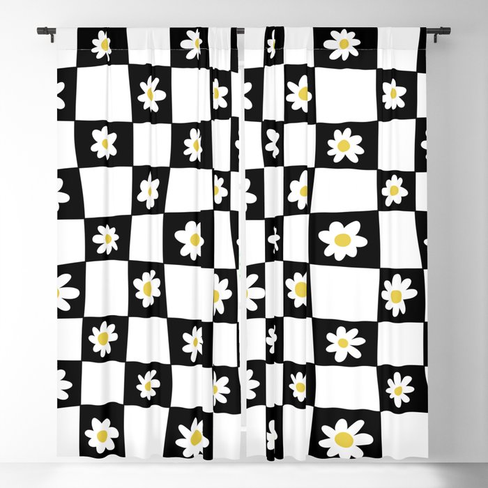 Hand Drawn Checkered Daisy Pattern (black/white/yellow) Blackout Curtain