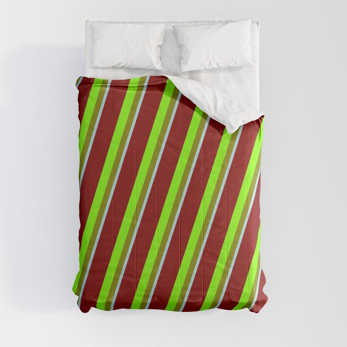 Maroon, Chartreuse, Green & Powder Blue Colored Striped/Lined Pattern Comforter