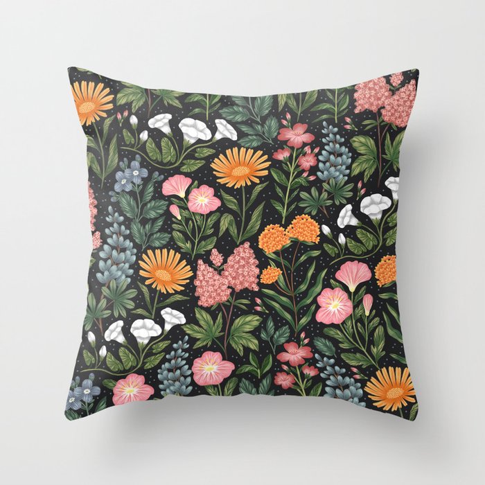 Flowers of the Meadow - dark Throw Pillow