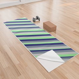 [ Thumbnail: Light Grey, Green, Midnight Blue, and Light Slate Gray Colored Stripes/Lines Pattern Yoga Towel ]
