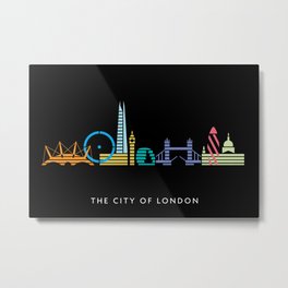 London Skyline Black Metal Print | Londonart, Graphicdesign, Milleniumdome, London, Travelposter, Londonprint, Britishposter, Moderndesign, Londonretro, Greatbritain 