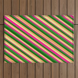 [ Thumbnail: Dark Green, Brown, Tan, Deep Pink, and Forest Green Colored Lines/Stripes Pattern Outdoor Rug ]