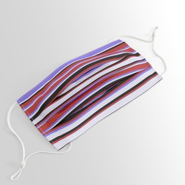 [ Thumbnail: Red, Medium Slate Blue, Lavender, and Black Colored Stripes/Lines Pattern Face Mask ]