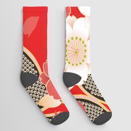 Japanese Vintage Red Black White Floral Kimono Pattern Socks