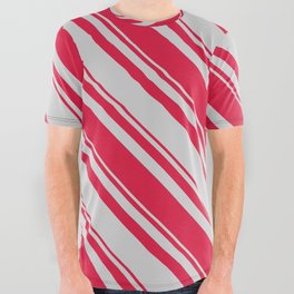 [ Thumbnail: Light Grey and Crimson Colored Lines/Stripes Pattern All Over Graphic Tee ]