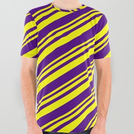 [ Thumbnail: Yellow and Indigo Colored Lines/Stripes Pattern All Over Graphic Tee ]