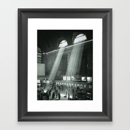 Grand Central Station, Rays of Sunlight spilling in terminal, New York City black and white photograph Framed Art Print