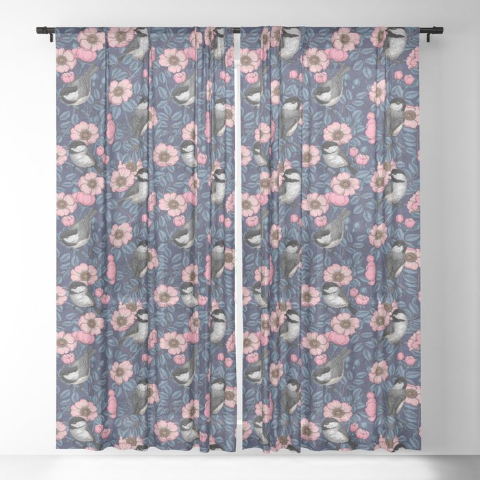 Chickadeed in the wild rose in pink and blue Sheer Curtain
