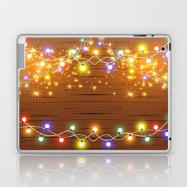 Christmas and New Year design: wooden background with Christmas lights of garland. Vintage illustration, Set of glowing christmas lights. Wooden background.  Laptop Skin