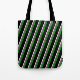 [ Thumbnail: Vibrant Aquamarine, Light Pink, Dim Gray, Green & Black Colored Lined/Striped Pattern Tote Bag ]