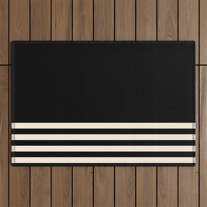 Thin Cuff Stripes Minimalist Pattern in Black and Almond Cream Outdoor Rug