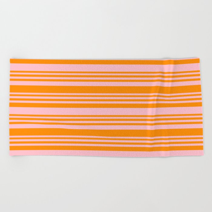 Pink & Dark Orange Colored Lined Pattern Beach Towel