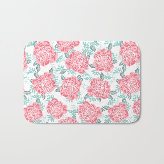 Peony flowers white pink and green trendy girly floral bouquet painted flowers botanical pattern Bath Mat