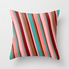 [ Thumbnail: Eye-catching Sienna, Light Sea Green, Salmon, Light Pink, and Maroon Colored Striped Pattern Throw Pillow ]