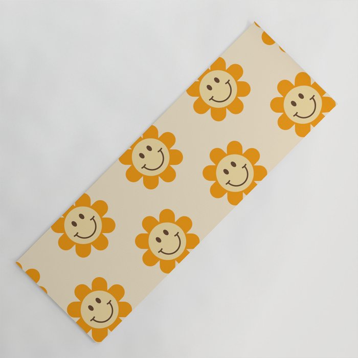 70s Retro Smiley Floral Face Pattern in yellow and beige Yoga Mat