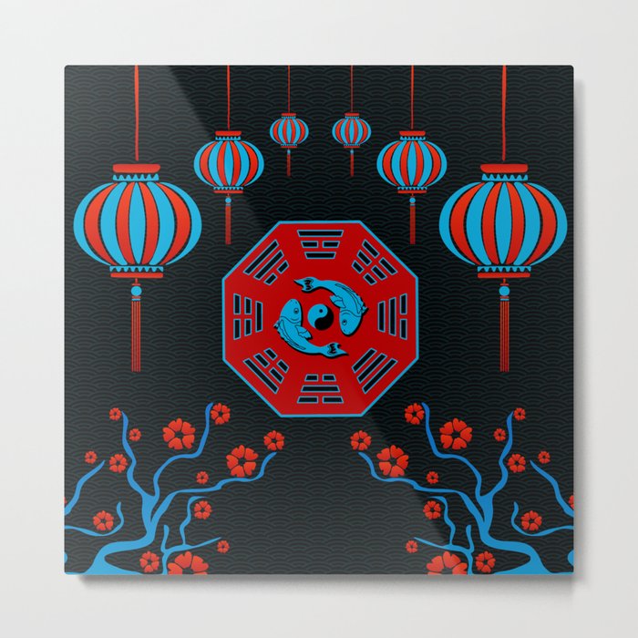 Pair of Koi Fish in Bagua with Yin Yang symbol Metal Print