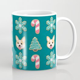 Holiday Cookies - Corgi, Christmas Tree, Snowflake and Candy Cane, Sweet and Cute Festive Pattern in Teal Green, Pink and Beige Mug