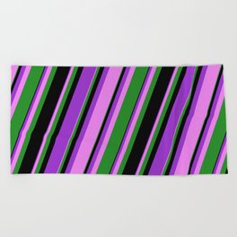 [ Thumbnail: Dark Orchid, Violet, Forest Green, and Black Colored Lines Pattern Beach Towel ]