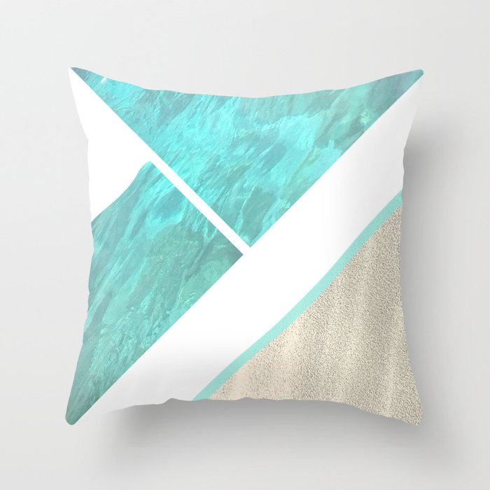 Ocean, Sand, Boat. collage, blue, turquoise, white, art, decor,  society6. Throw Pillow