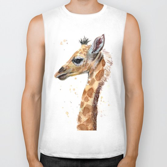 Giraffe Watercolor Cute Baby Animals Whimsical Art Biker Tank