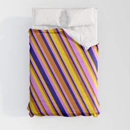 [ Thumbnail: Chocolate, Yellow, Violet, and Blue Colored Lined/Striped Pattern Comforter ]