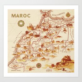 1950 Vintage Illustrated Map of Morocco Art Print