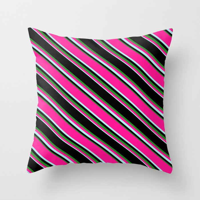 Black, Forest Green, Deep Pink & Turquoise Colored Lined Pattern Throw Pillow