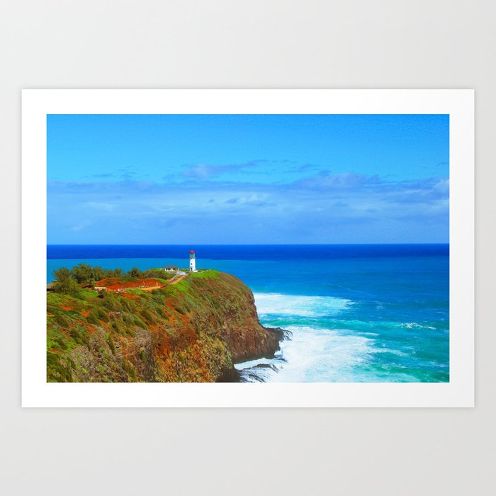 Lighthouse On The Green Mountain With Blue Ocean And Blue Sky View At Kauai Hawaii Usa Art Print