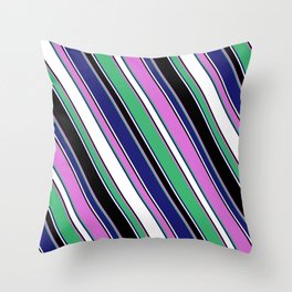 [ Thumbnail: Vibrant Orchid, Sea Green, Midnight Blue, White & Black Colored Lines Pattern Throw Pillow ]