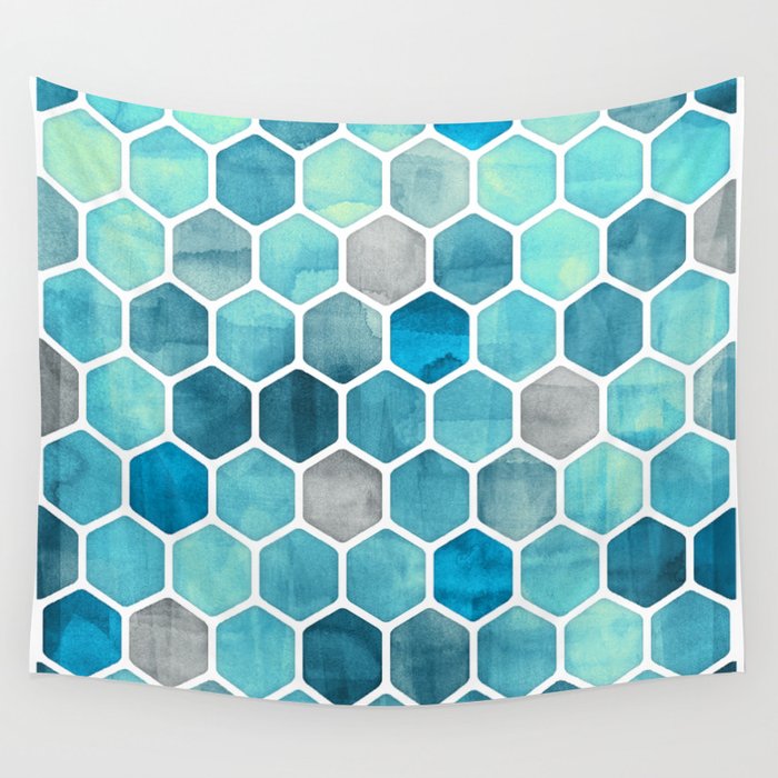 Blue Ink - watercolor hexagon pattern Wall Tapestry