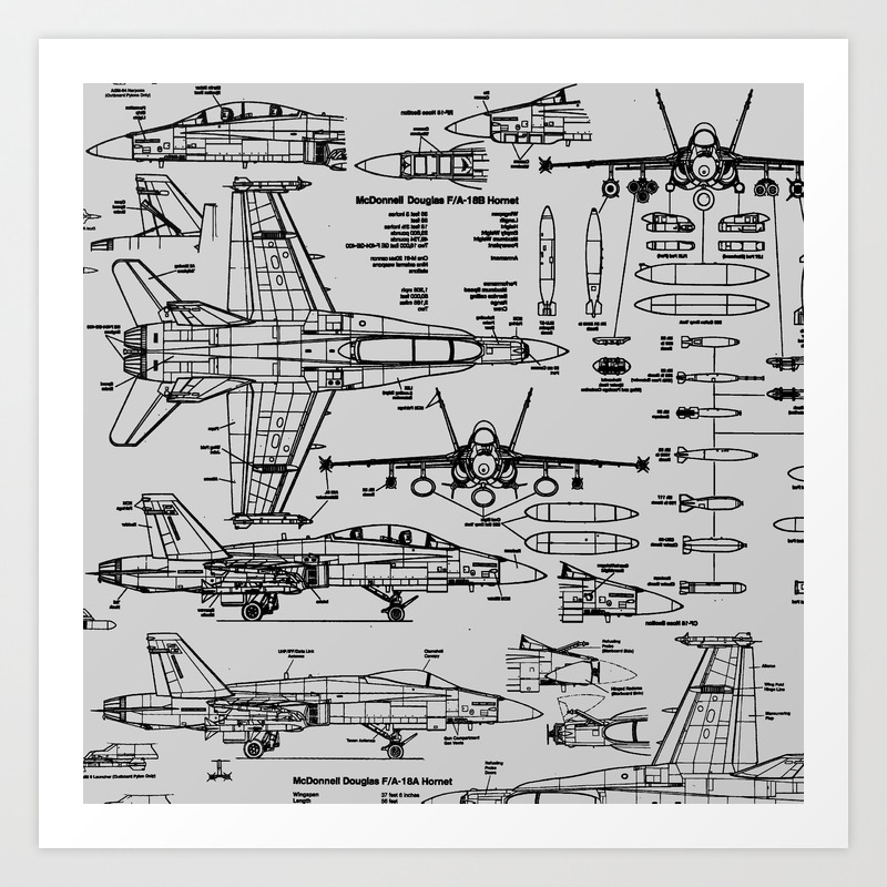 F 18 Blueprints Light Grey Art Print By Thinlinetextiles Society6
