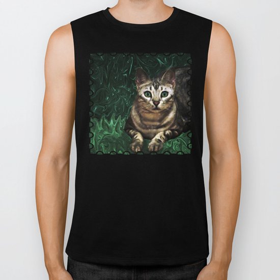 Green Grass Cat Eyes of a Marble Lepre-cat Biker Tank