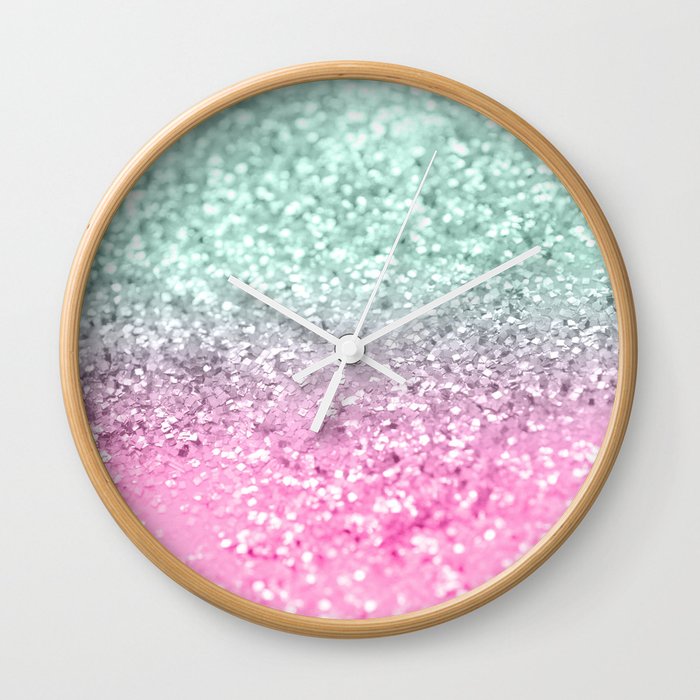 Pink Mint Mermaid Girls Glitter #1 (Faux Glitter) #decor #art #society6 Wall Clock