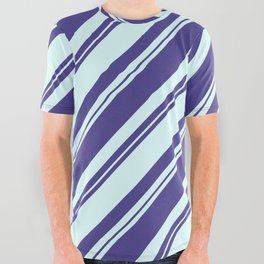 [ Thumbnail: Dark Slate Blue and Light Cyan Colored Lined/Striped Pattern All Over Graphic Tee ]