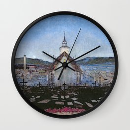 All Night Forever, Town and Cemetery by moonlight landscape by Harald Sohlberg Wall Clock