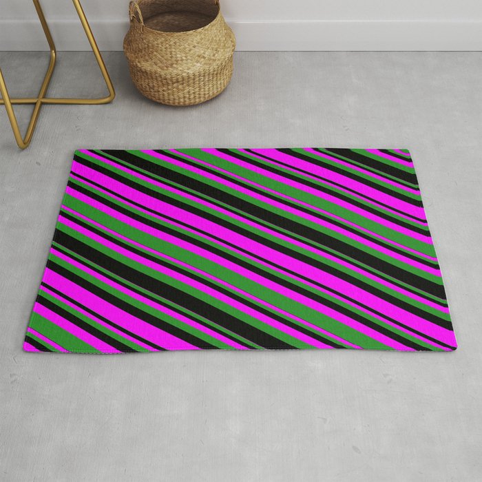 Fuchsia, Forest Green & Black Colored Lines/Stripes Pattern Rug